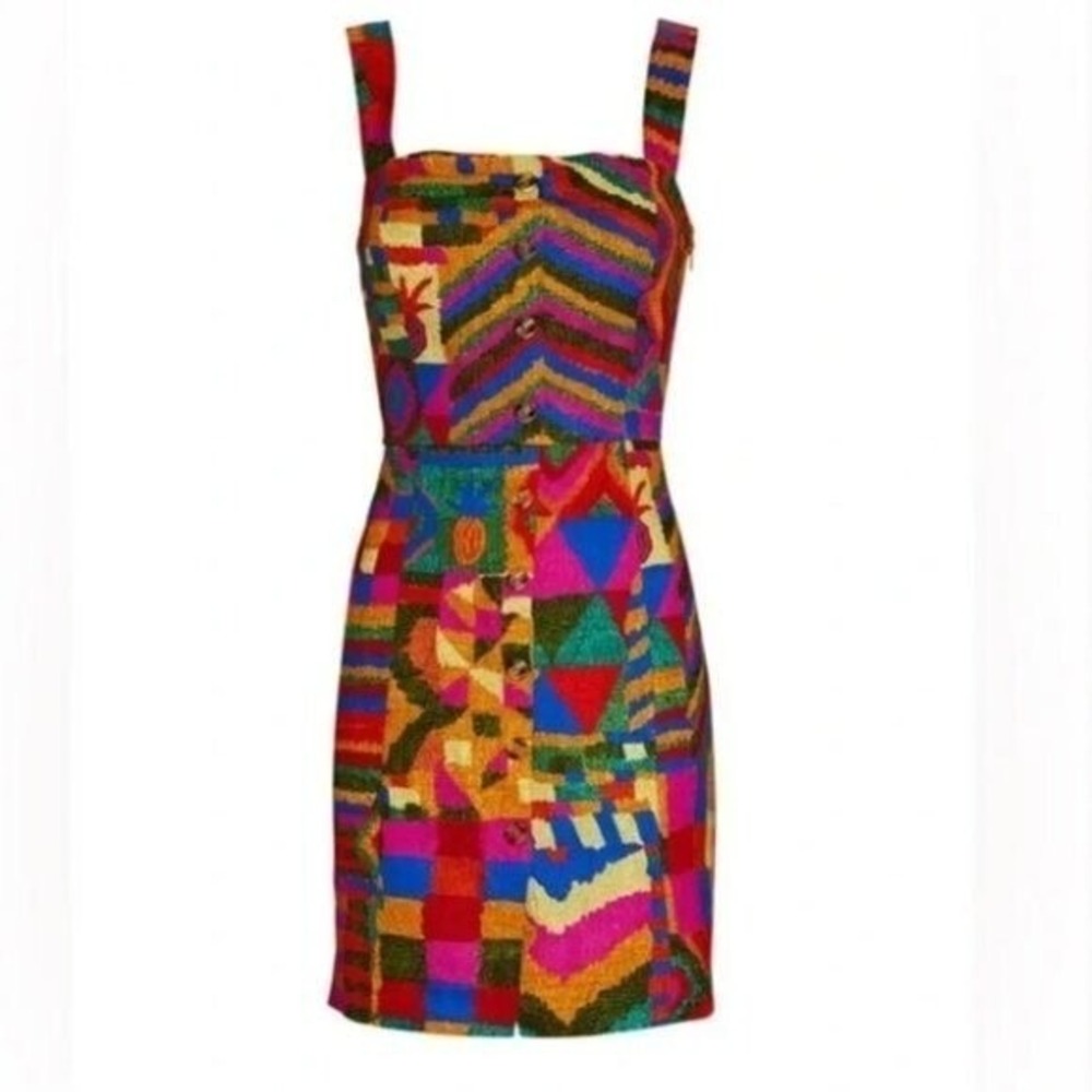 Farm Rio Patchwork Button Front Mini Dress Square Neck Boho Festival NWT | Large